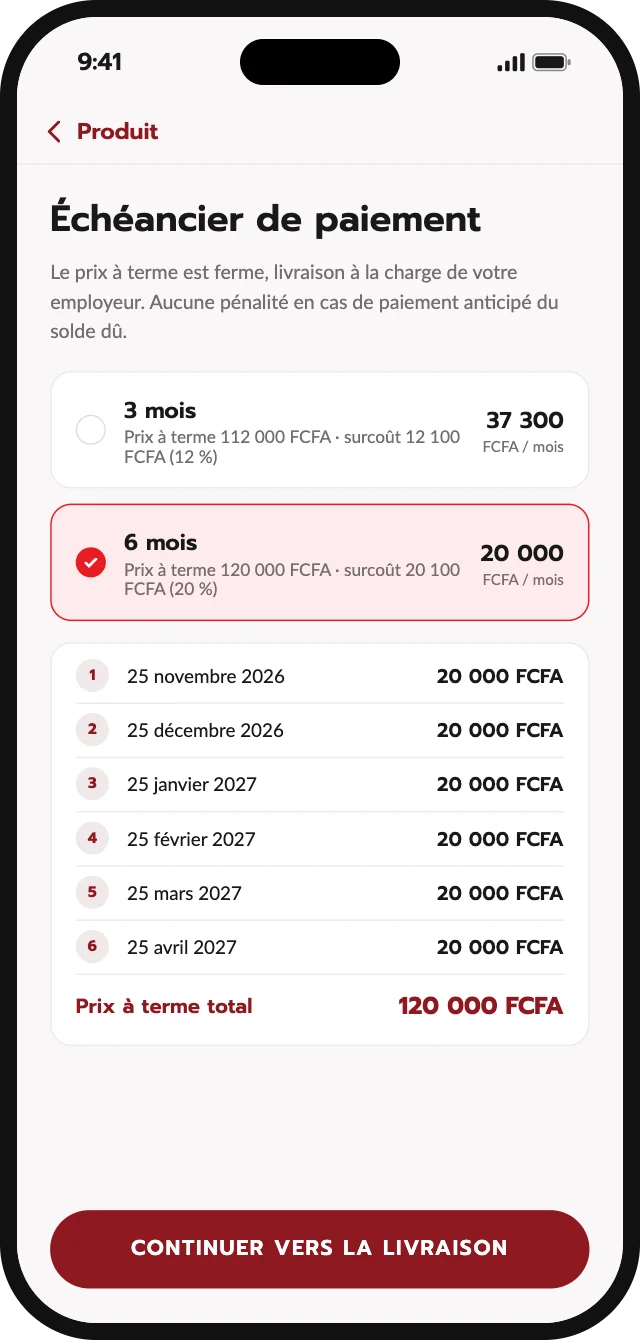 Écran de choix de la durée : prix à terme et surcoût pour 3 ou 6 mois